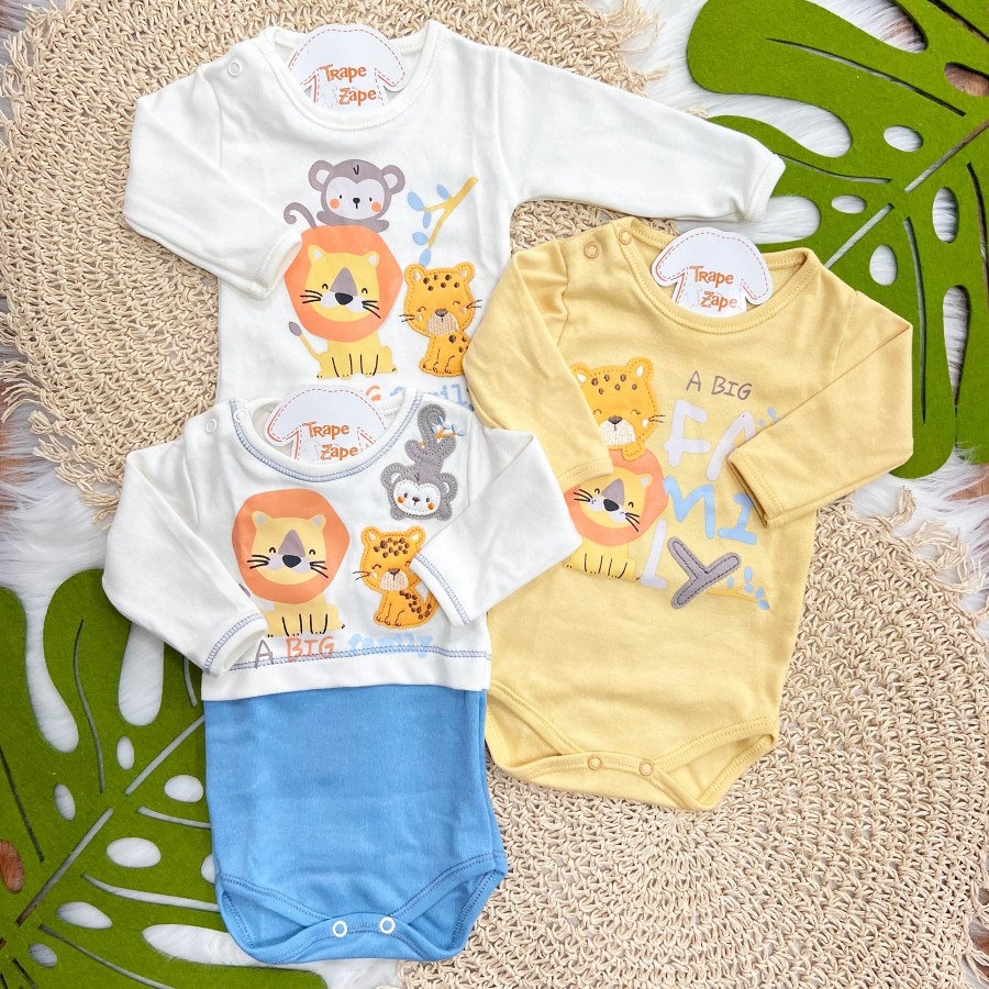 Kit 3 Peças - Bodys Manga Longa Wild Boy - Off White e Azul Jeans, Off White e Mostarda